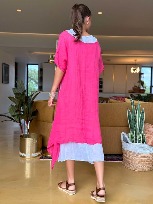 Pure Linen Jensen Two Piece Split Side Dress Small Flamingo